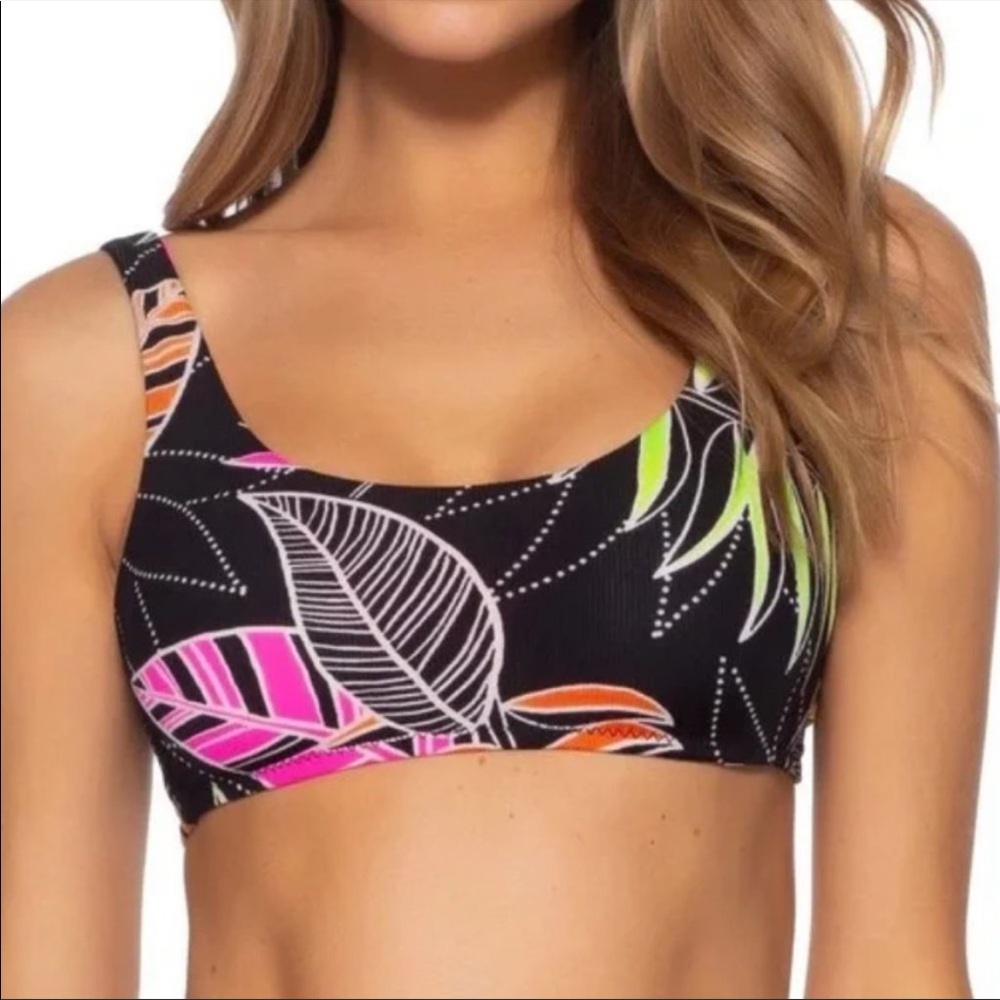 Becca Miami Bralette Bikini Top Black Neon Tropical Print
